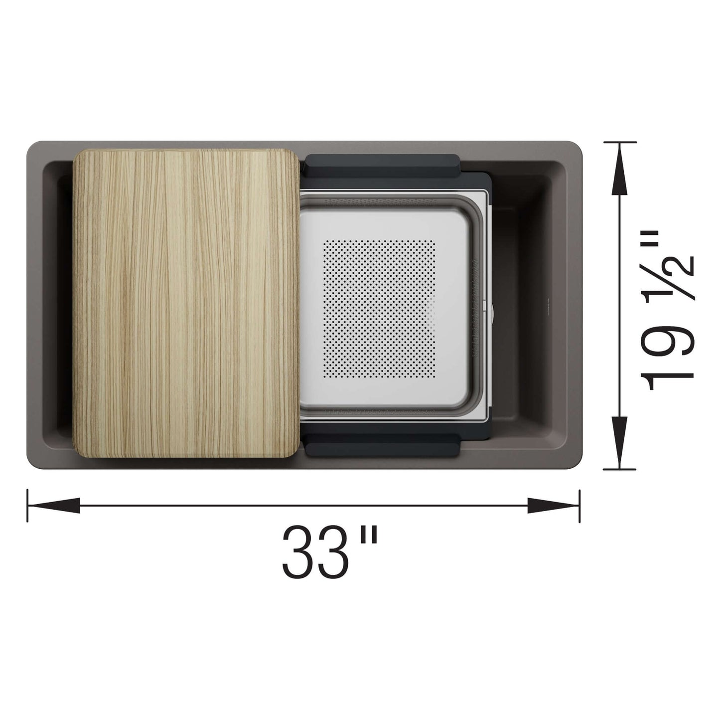 BLANCO Inteos SILGRANIT 33" Single Bowl Reversible Undermount Workstation Kitchen Sink with wood cutting board and colander.