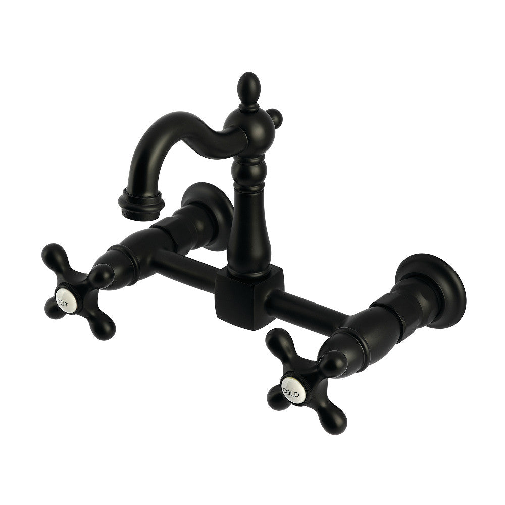 Kingston KS2443AX Heritage Two-Handle Wall Mount Bridge Kitchen Faucet, Antique Brass with matte black finish