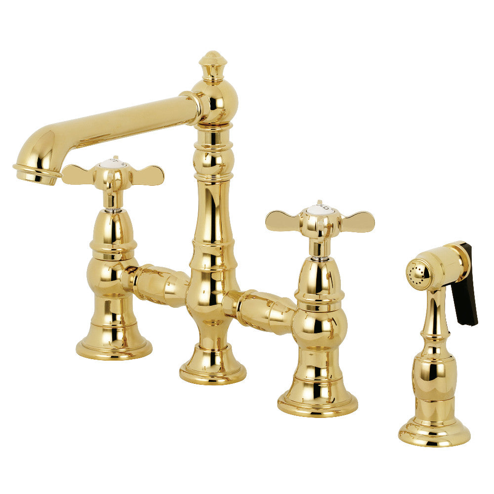Kingston KS7277BEXBS Essex Bridge Kitchen Faucet with Brass Sprayer, Brushed Brass in polished brass finish