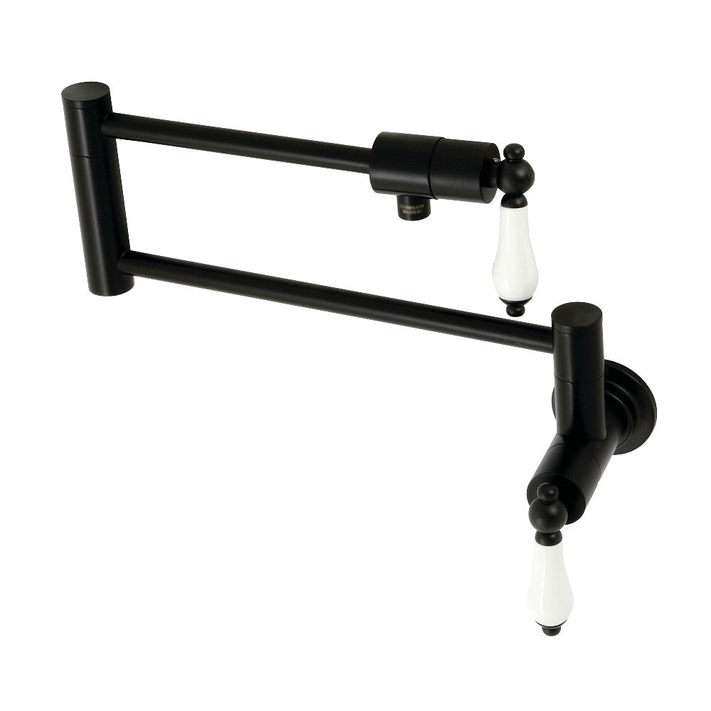 Kingston Brass KS4107PL Metropolitan Wall Mount Pot Filler Faucet, Brushed Brass with matte black finish and white handles
