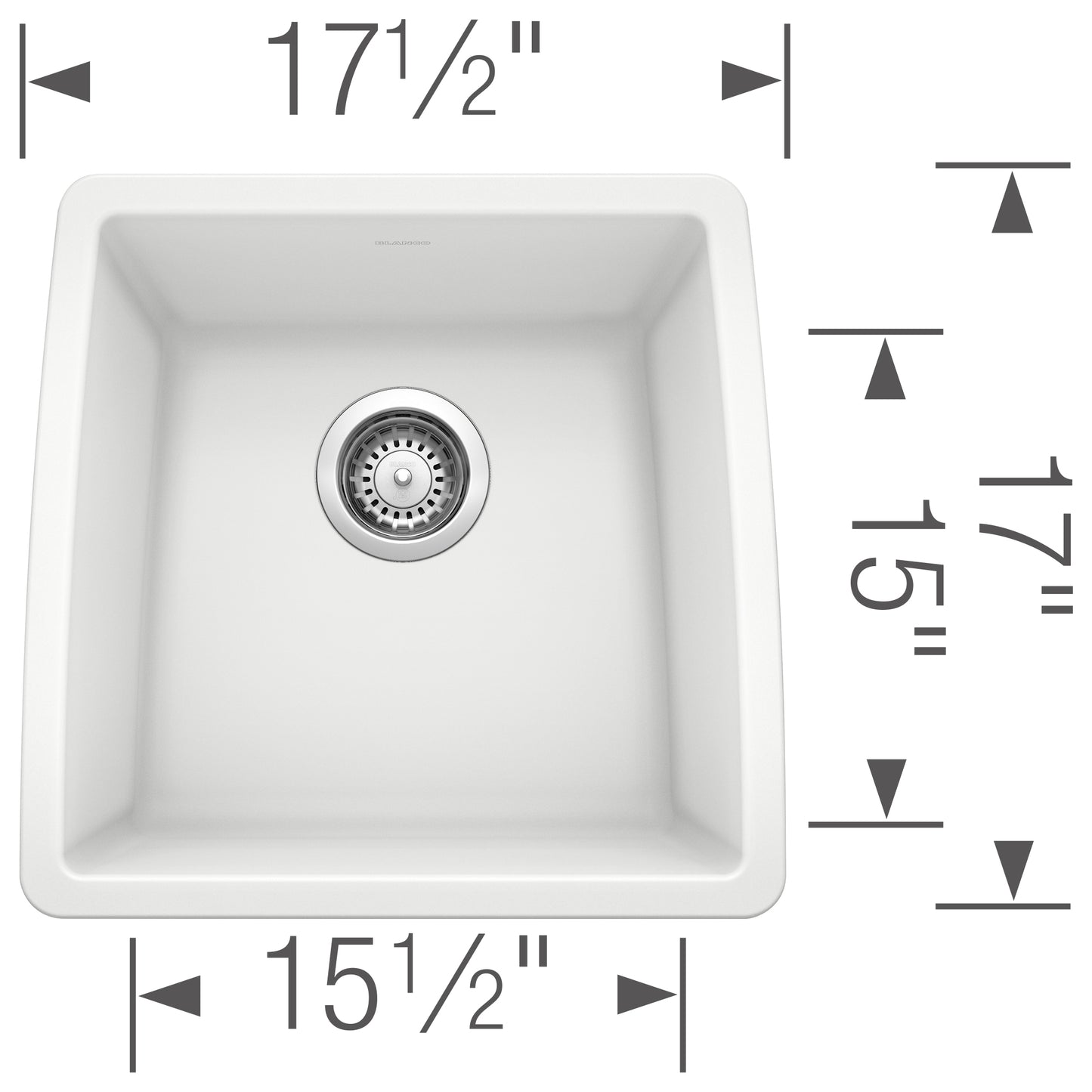 BLANCO Performa SILGRANIT 17" Undermount Bar Sink dimensions showing depth and width measurements.