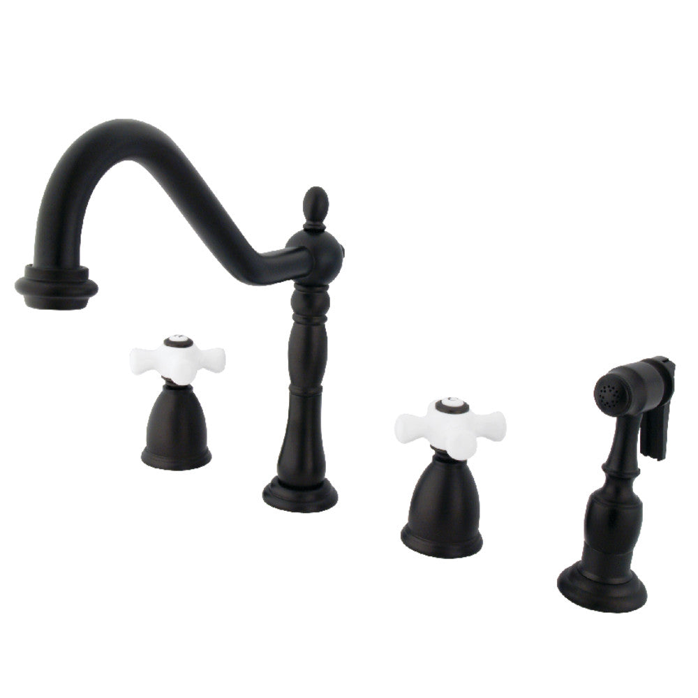 Kingston Brass KB1797PXBS Heritage Double-Handle Widespread Kitchen Faucet with Brass Sprayer, Brushed Brass