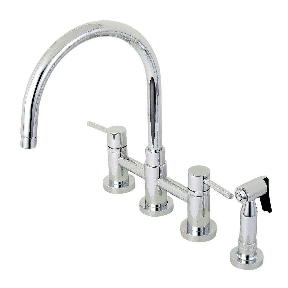 Kingston KS8278DLBS Concord Bridge Kitchen Faucet with Brass Sprayer, Brushed Nickel in polished chrome finish.