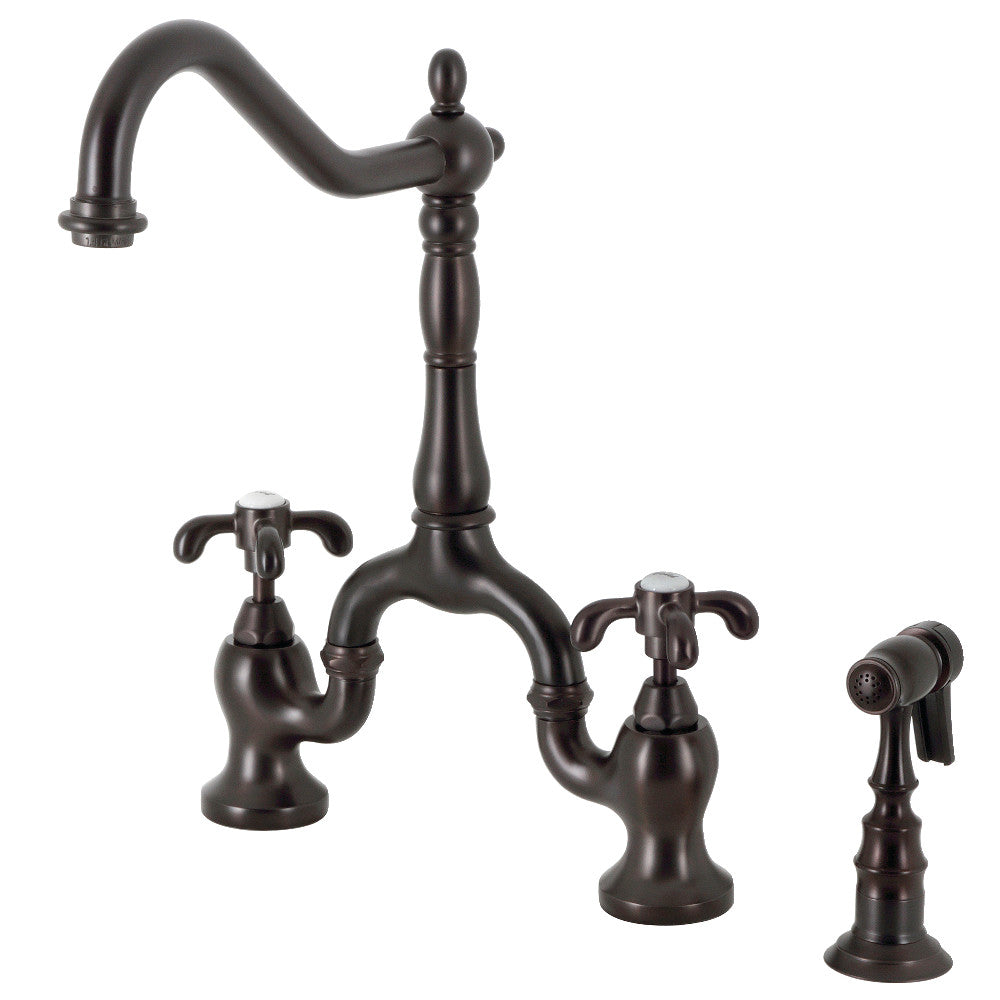 Kingston KS7753TXBS French Country Bridge Kitchen Faucet with Brass Sprayer, Antique Brass