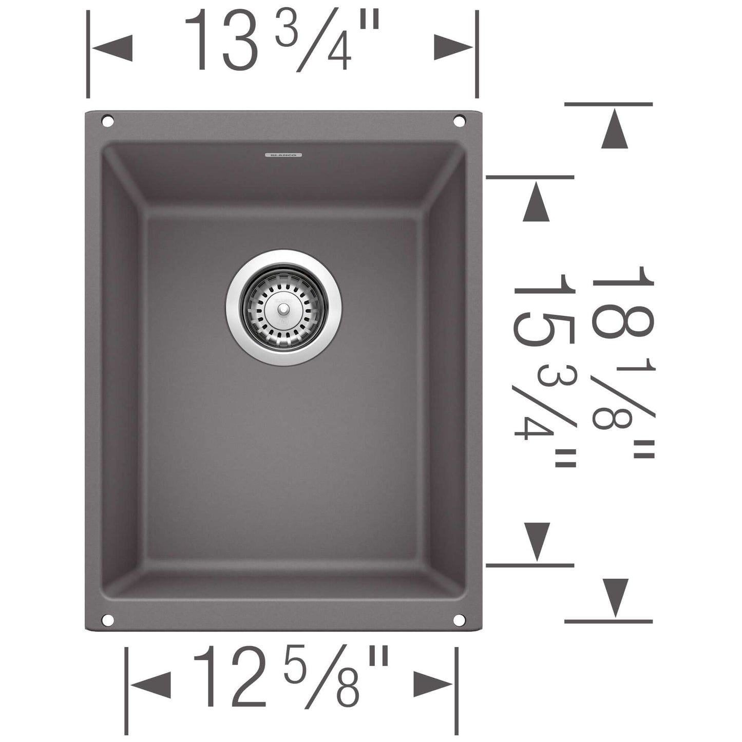 BLANCO Precis SILGRANIT 13" Undermount Bar Sink with dimensions for compact installation.