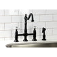 Kingston Brass Heritage Bridge Kitchen Faucet with Brass Sprayer and Cross Handles in Matte Black finish