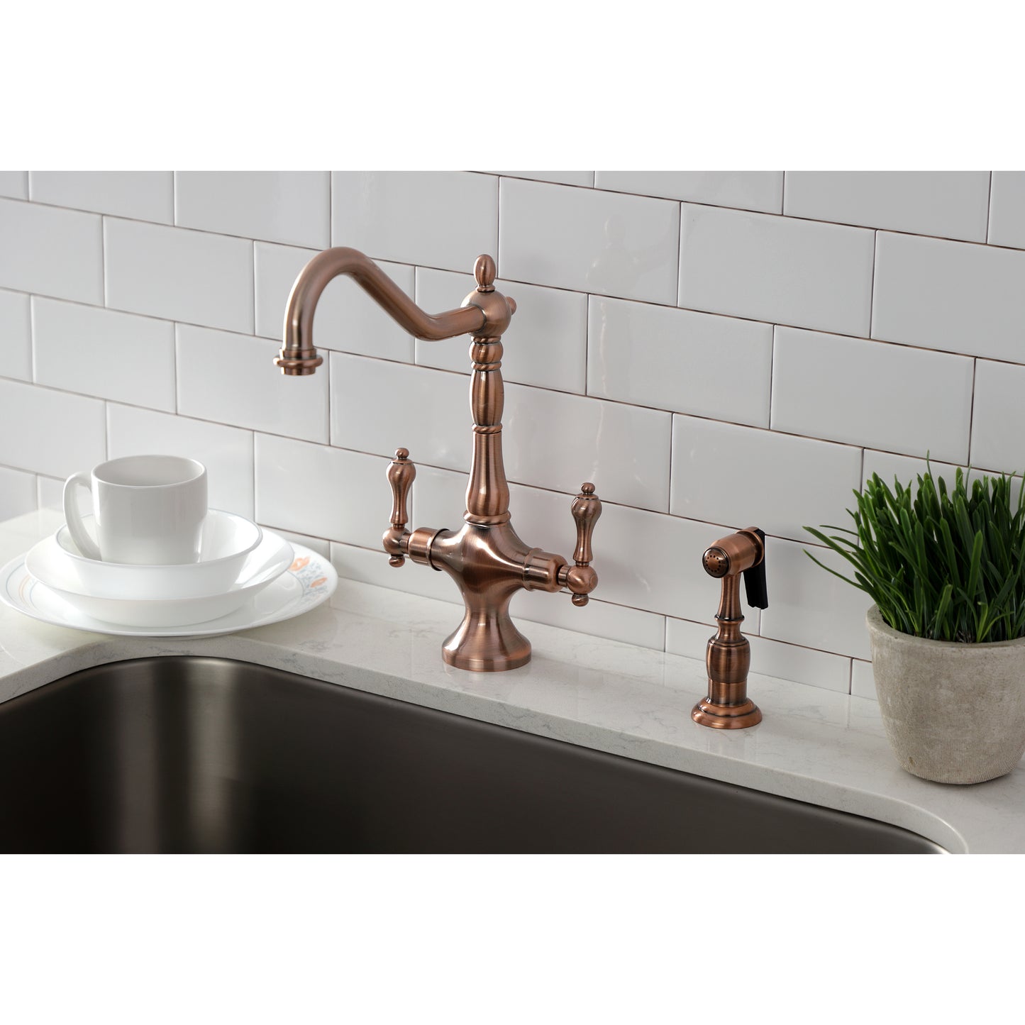 Kingston Brass KS1773ALBS Heritage Two-Handle Single-Hole Kitchen Faucet with Brass Sprayer, Antique Brass in kitchen