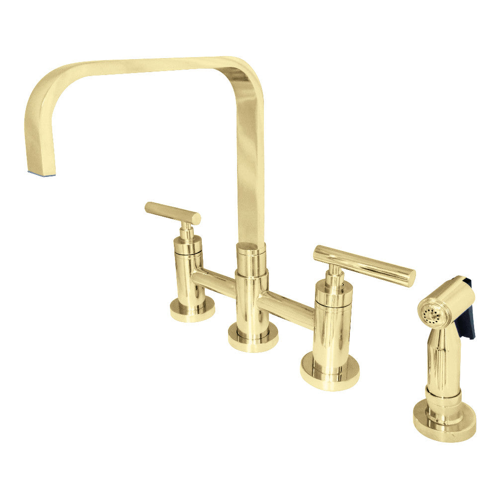 Kingston KS8257CMLBS Manhattan Bridge Kitchen Faucet with Brass Sprayer, Brushed Brass features polished brass finish.