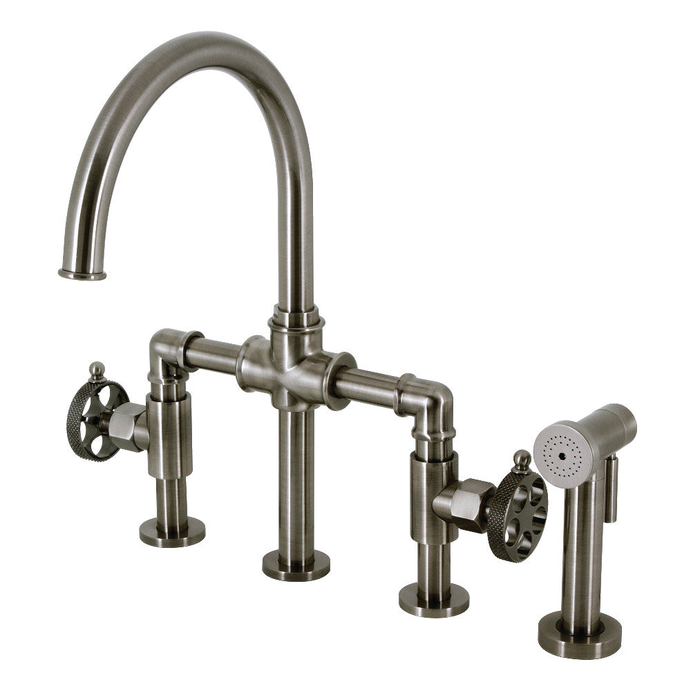 Kingston KS2333RKX Webb Knurled Handle Bridge Kitchen Faucet with Brass Sprayer, Antique Brass design and finish