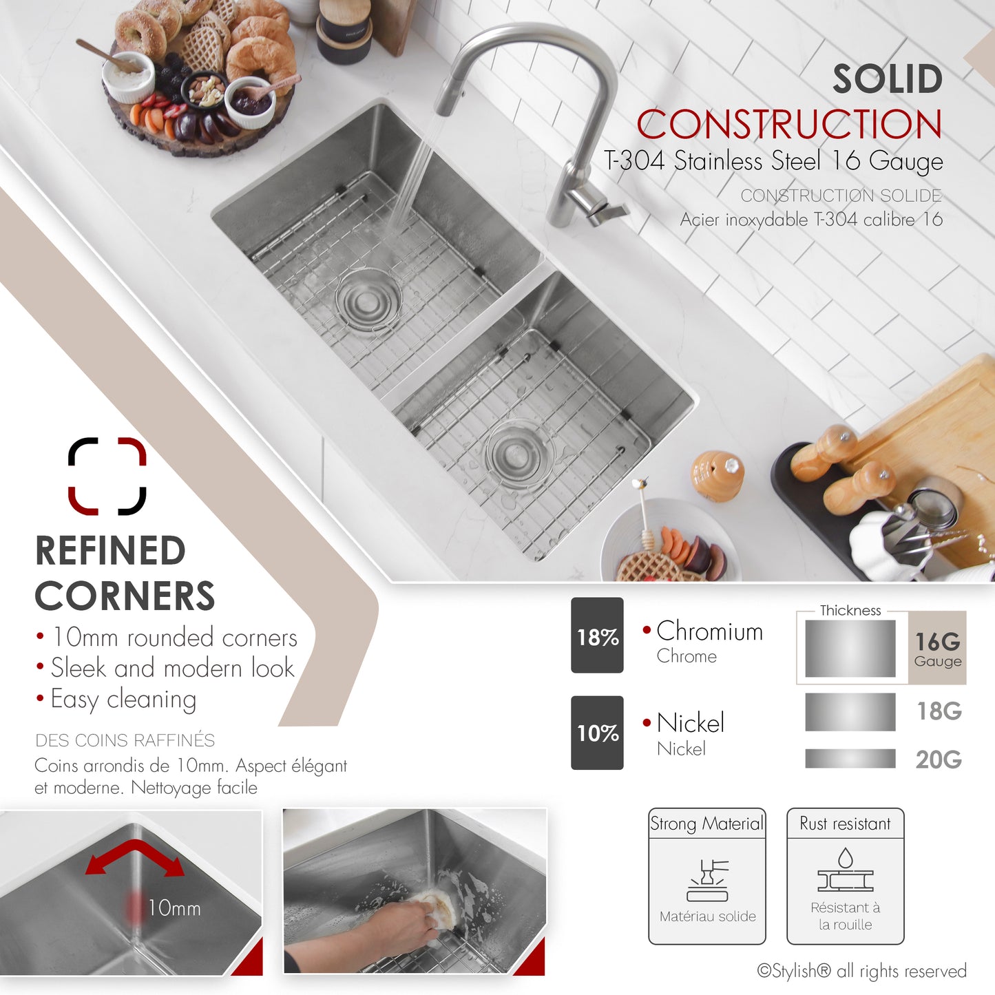 Stylish S-322XG 33" Undermount 60/40 Double Bowl Kitchen Sink