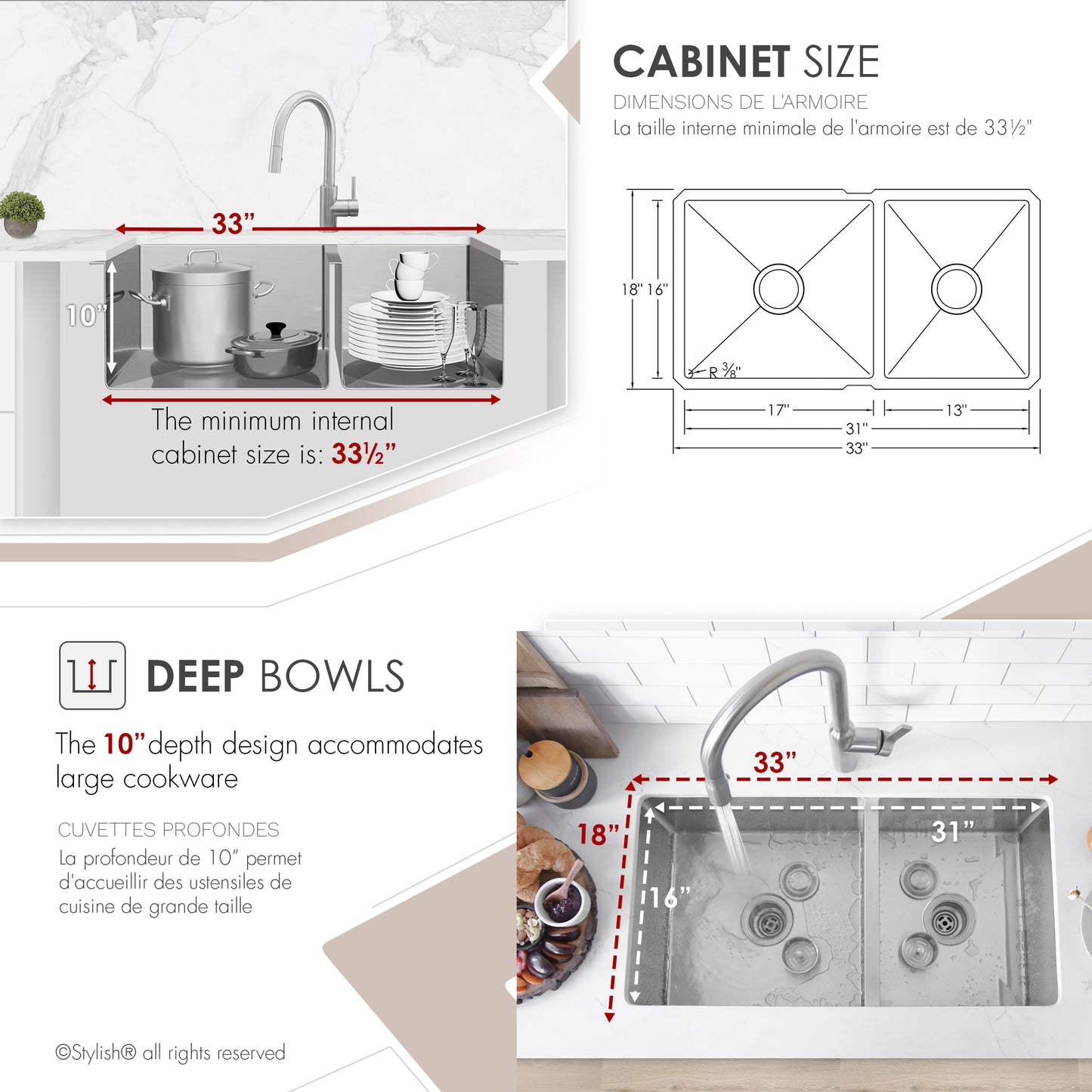 Stylish S-322XG 33" Undermount 60/40 Double Bowl Kitchen Sink