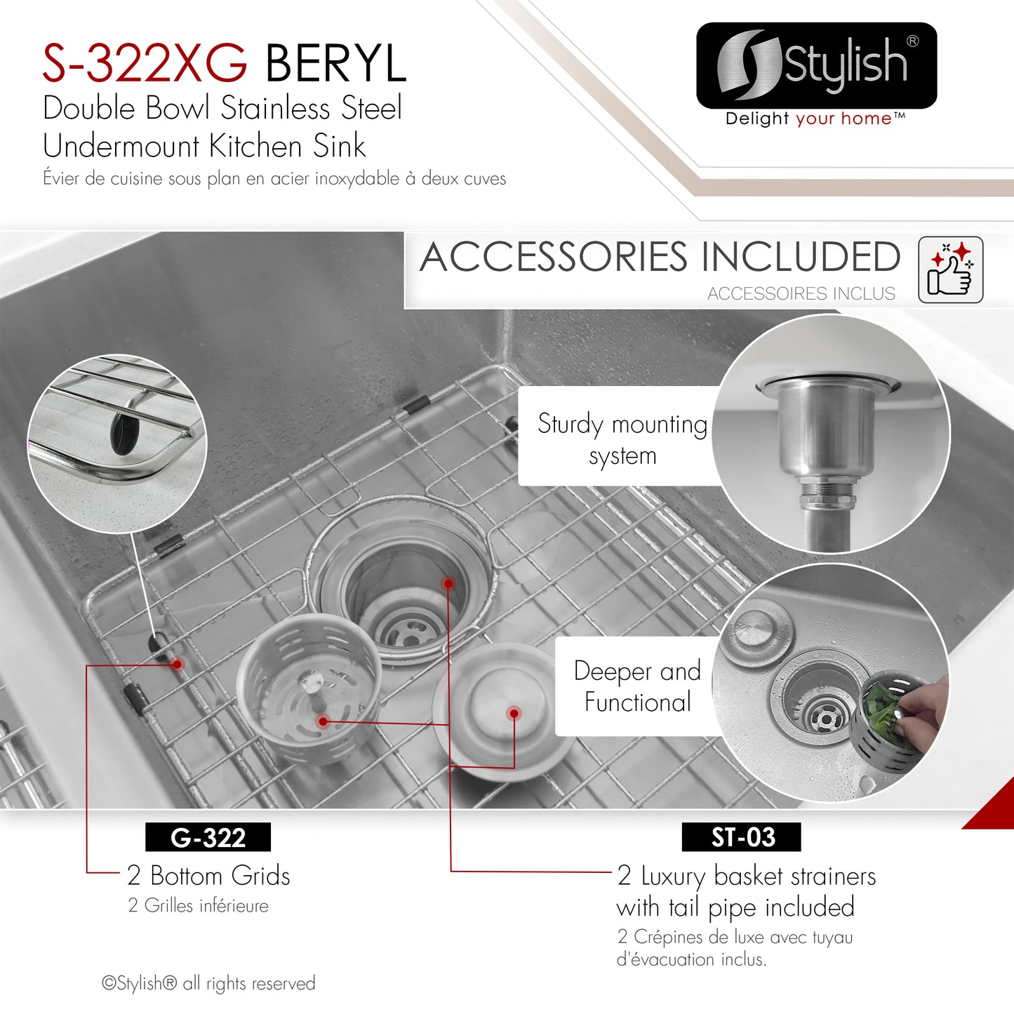Stylish S-322XG 33" Undermount 60/40 Double Bowl Kitchen Sink