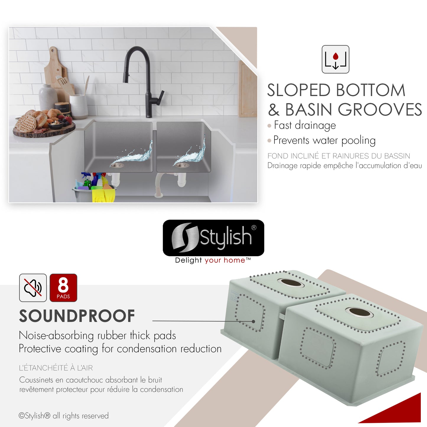 Stylish S-322XG 33" Undermount 60/40 Double Bowl Kitchen Sink
