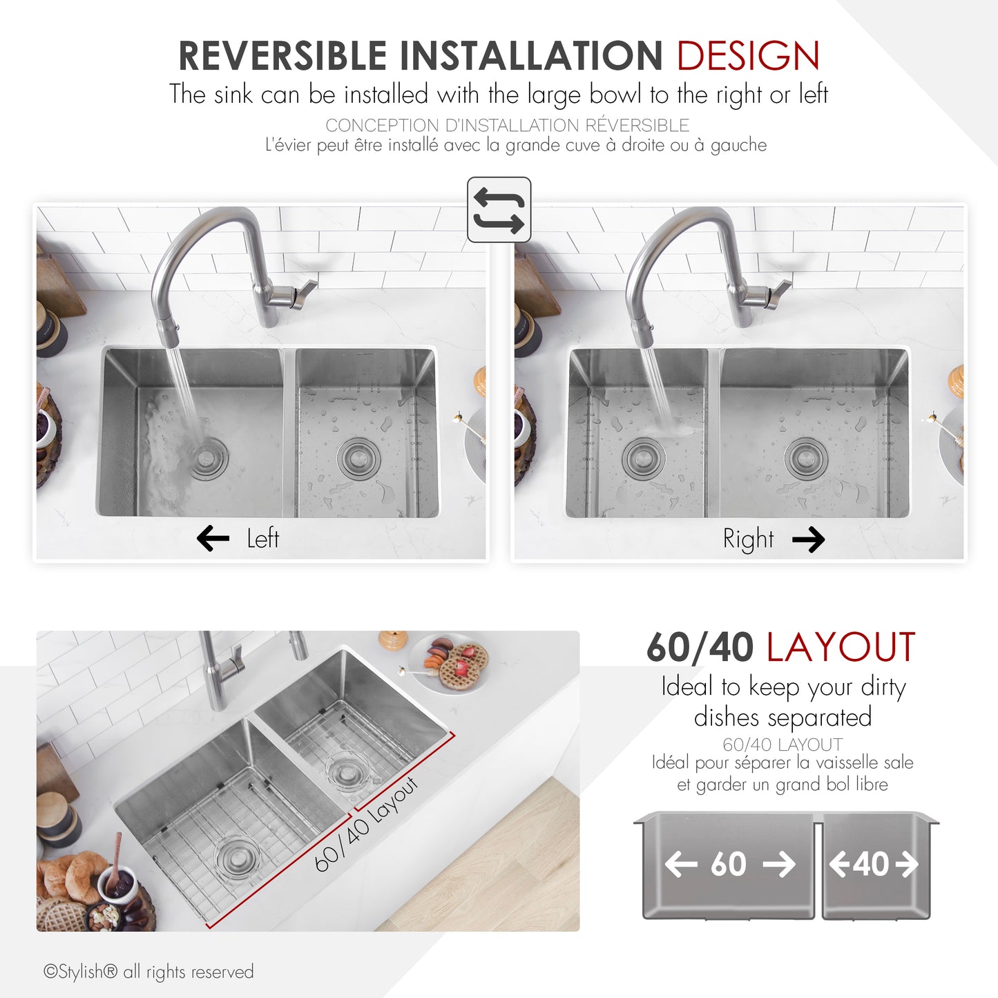 Stylish S-322XG 33" Undermount 60/40 Double Bowl Kitchen Sink