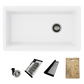 Top view of Stylish 32" Composite Granite Workstation Kitchen Sink in white with accessories including drain and cutting board.
