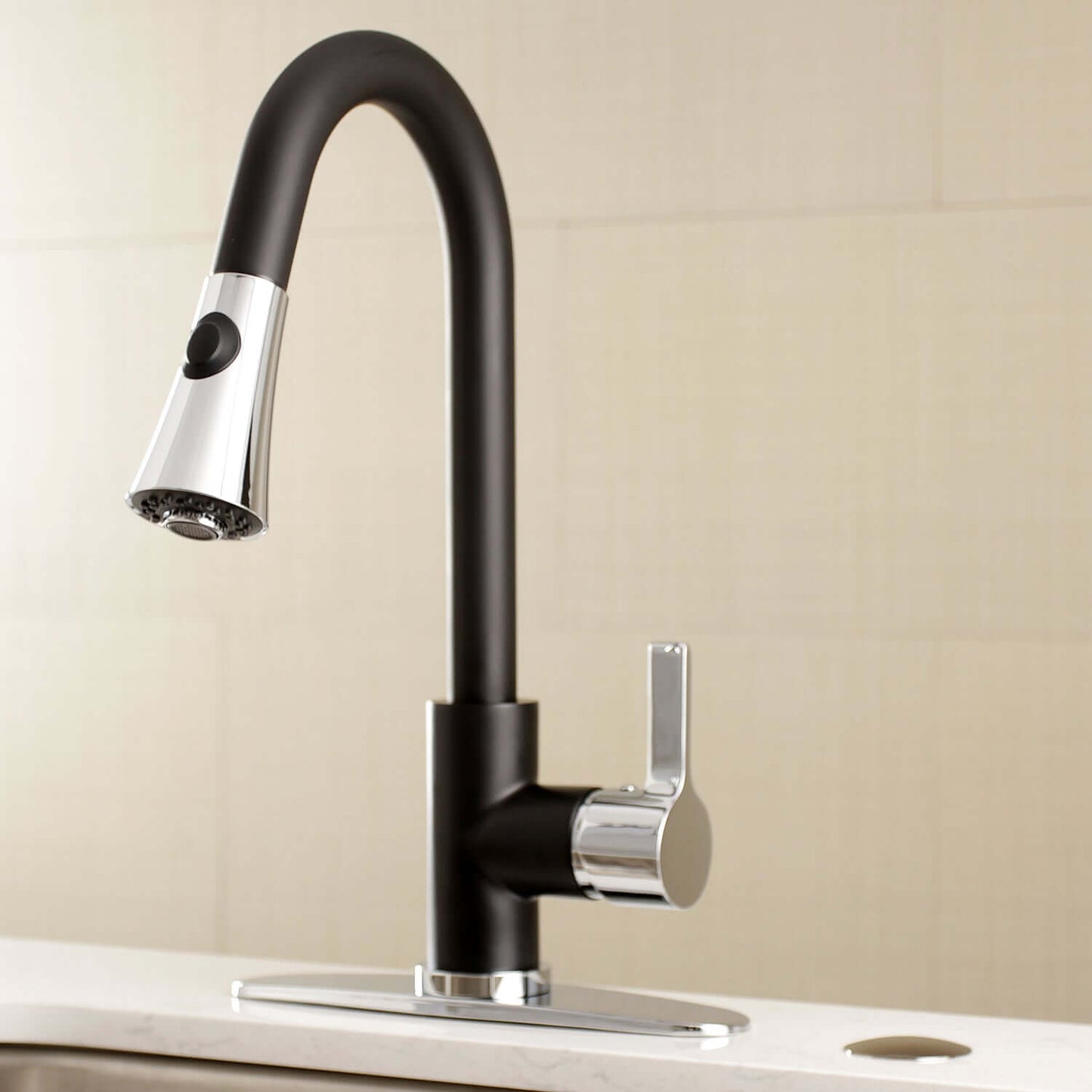 Kingston Brass LS8723CTL Continental Pull-Down Kitchen Faucet right side view with curved spout and single handle.