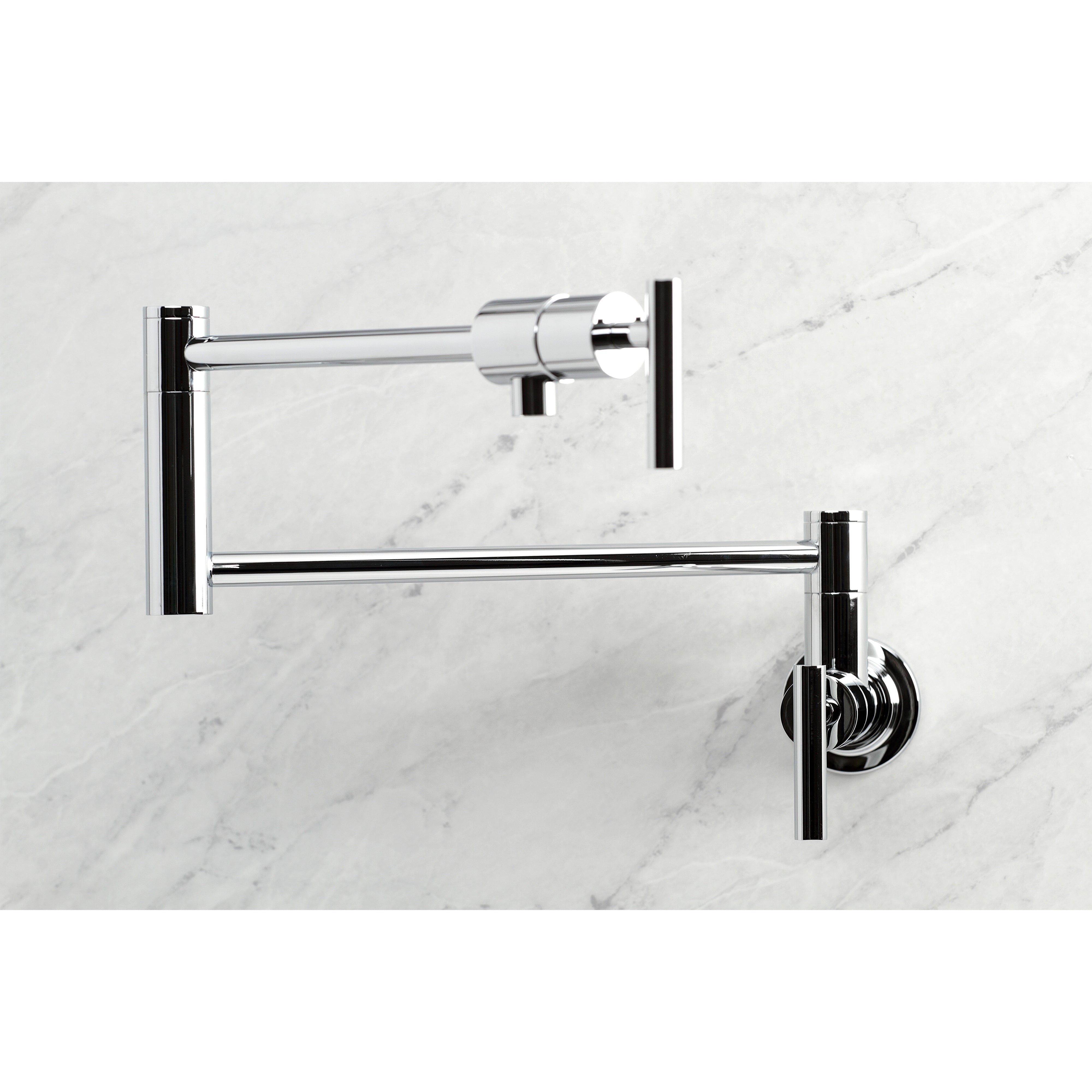 Kingston Brass KS4103CML Manhattan Wall Mount Pot Filler Faucet, Antique Brass view showing modern design with foldable swing arms.