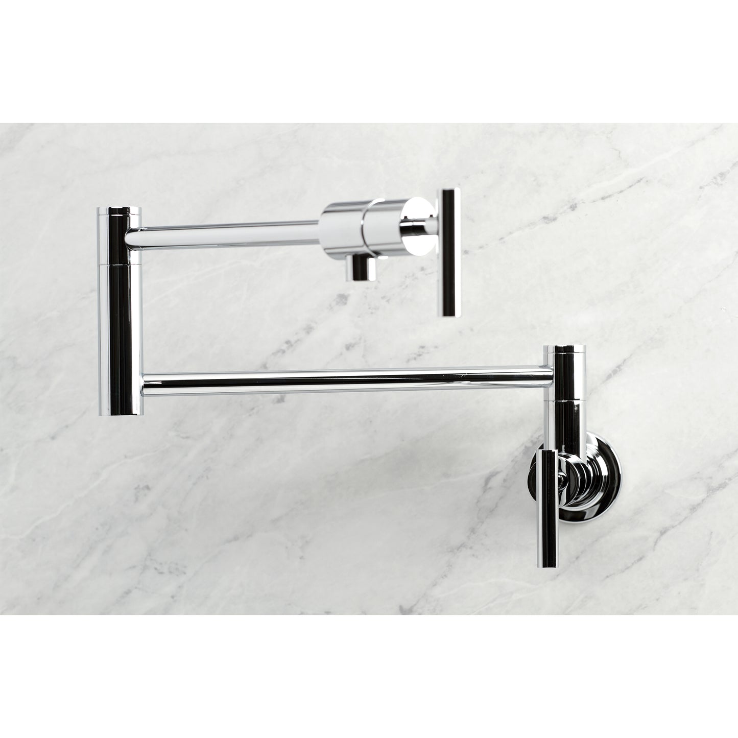 Kingston Brass KS4103CML Manhattan Wall Mount Pot Filler Faucet, Antique Brass view showing modern design with foldable swing arms.