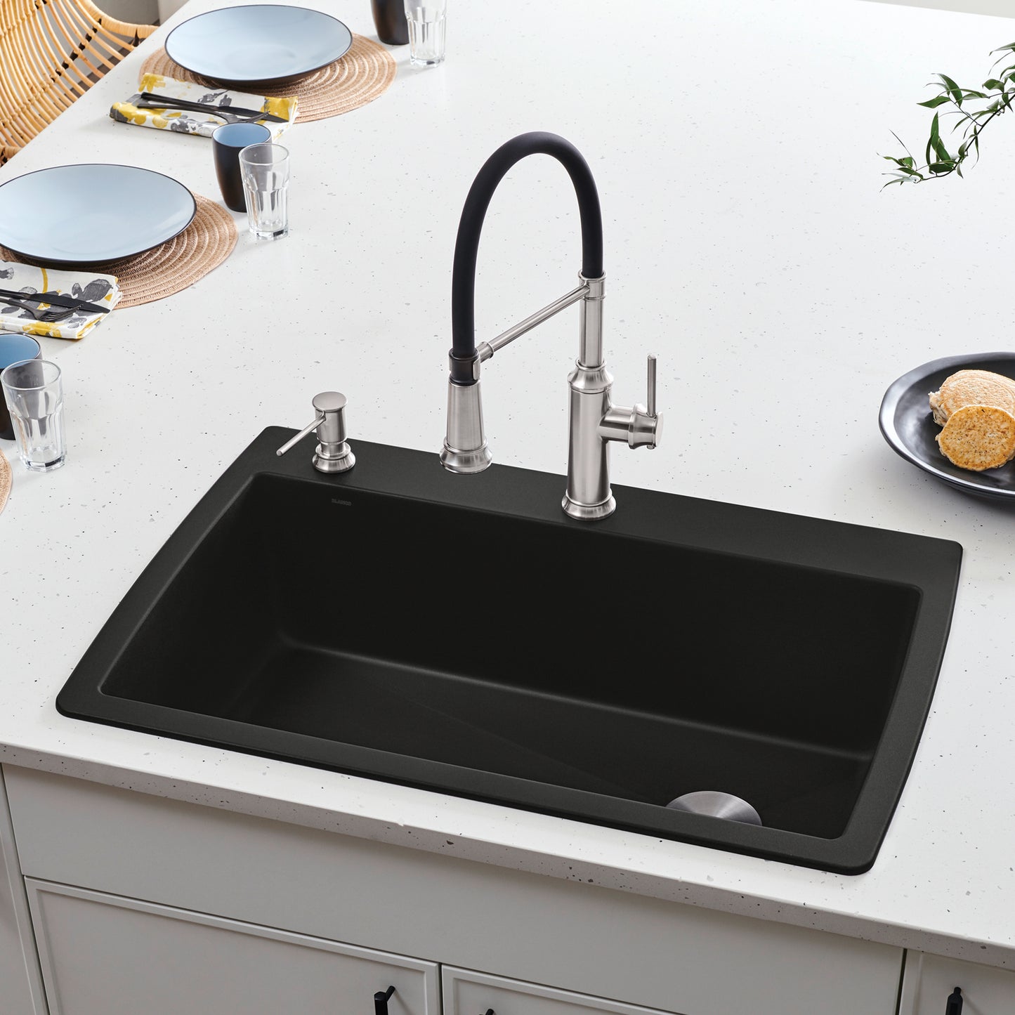 BLANCO Diamond SILGRANIT 33.5" Super Single Dual Mount Kitchen Sink in a modern kitchen setting with faucet.