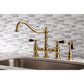 Kingston KS3277PKLBS Duchess Bridge Kitchen Faucet with Brass Sprayer, Brushed Brass on a countertop.