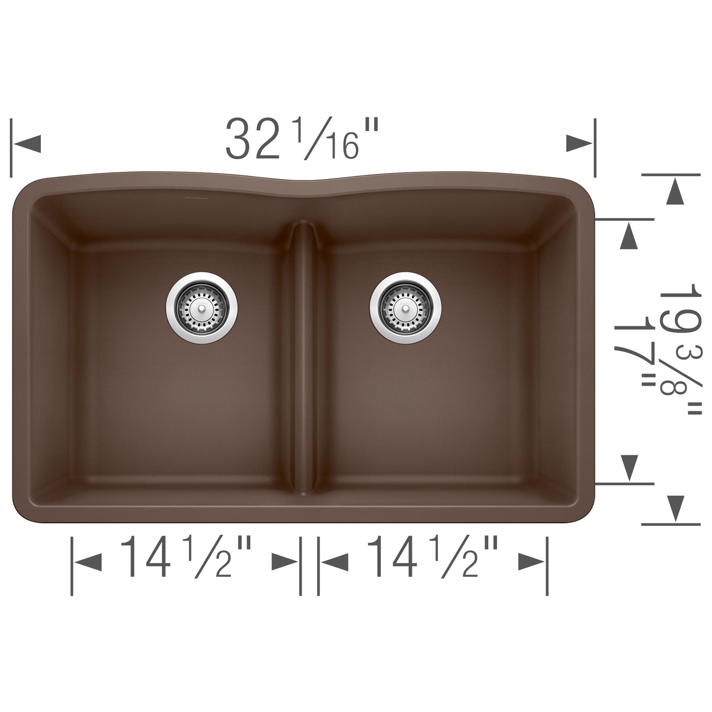 BLANCO Diamond SILGRANIT 32" 50/50 Double Bowl Undermount Kitchen Sink with Low Divide dimensions diagram