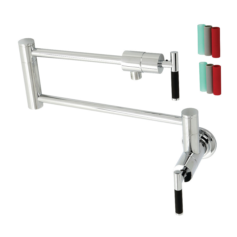Kingston Brass KS4103CKL Kaiser Wall Mount Pot Filler Faucet, Antique Brass with black handles and foldable swing arms.