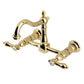 Kingston KS1263BAL Heirloom Two-Handle Wall Mount Bridge Kitchen Faucet, Antique Brass in a polished brass finish.