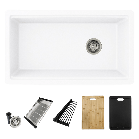 Stylish 32" Composite Granite Workstation Kitchen Sink top view with silver drain, white finish, and accessories including cutting boards.