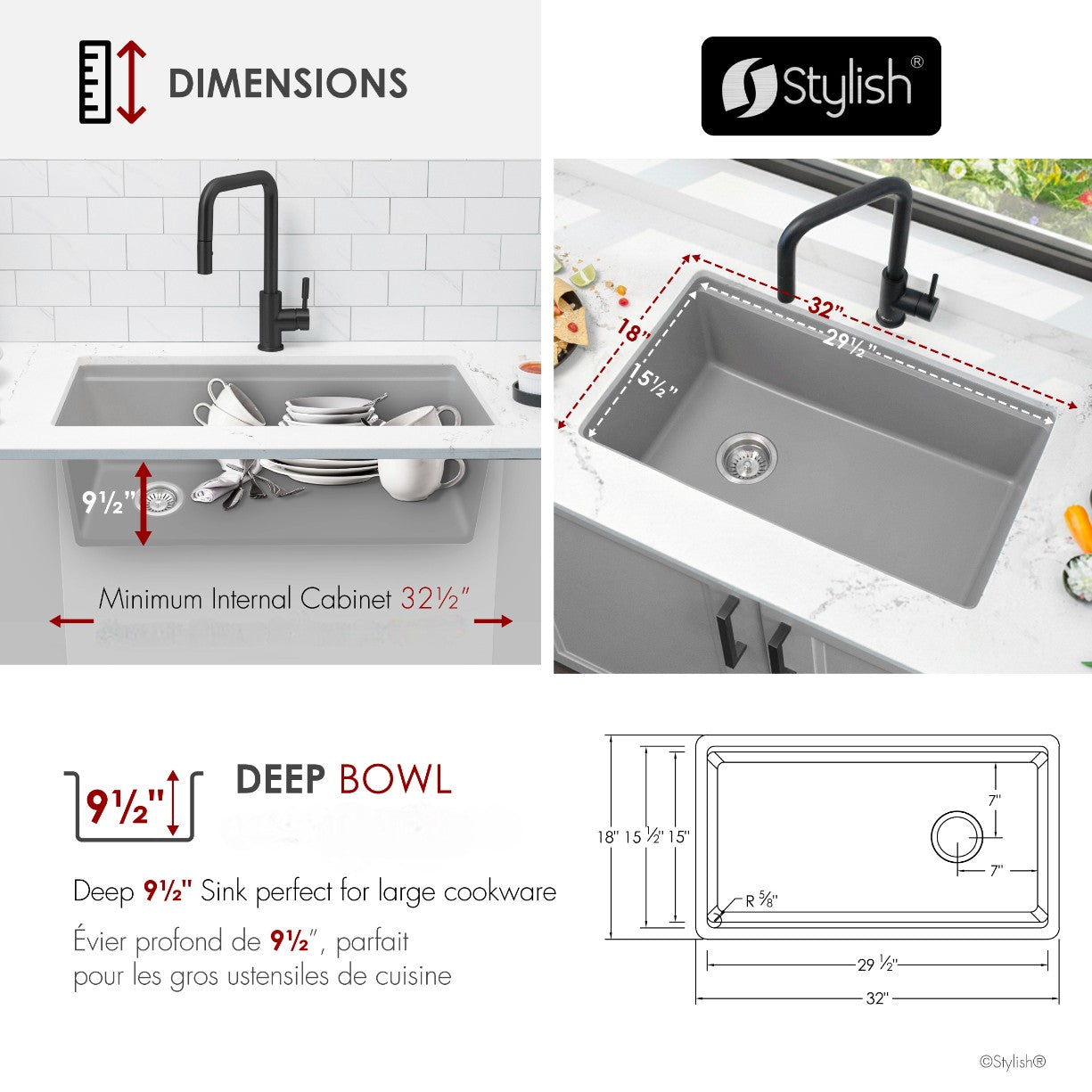 Stylish 32" Composite Granite Workstation Kitchen Sink