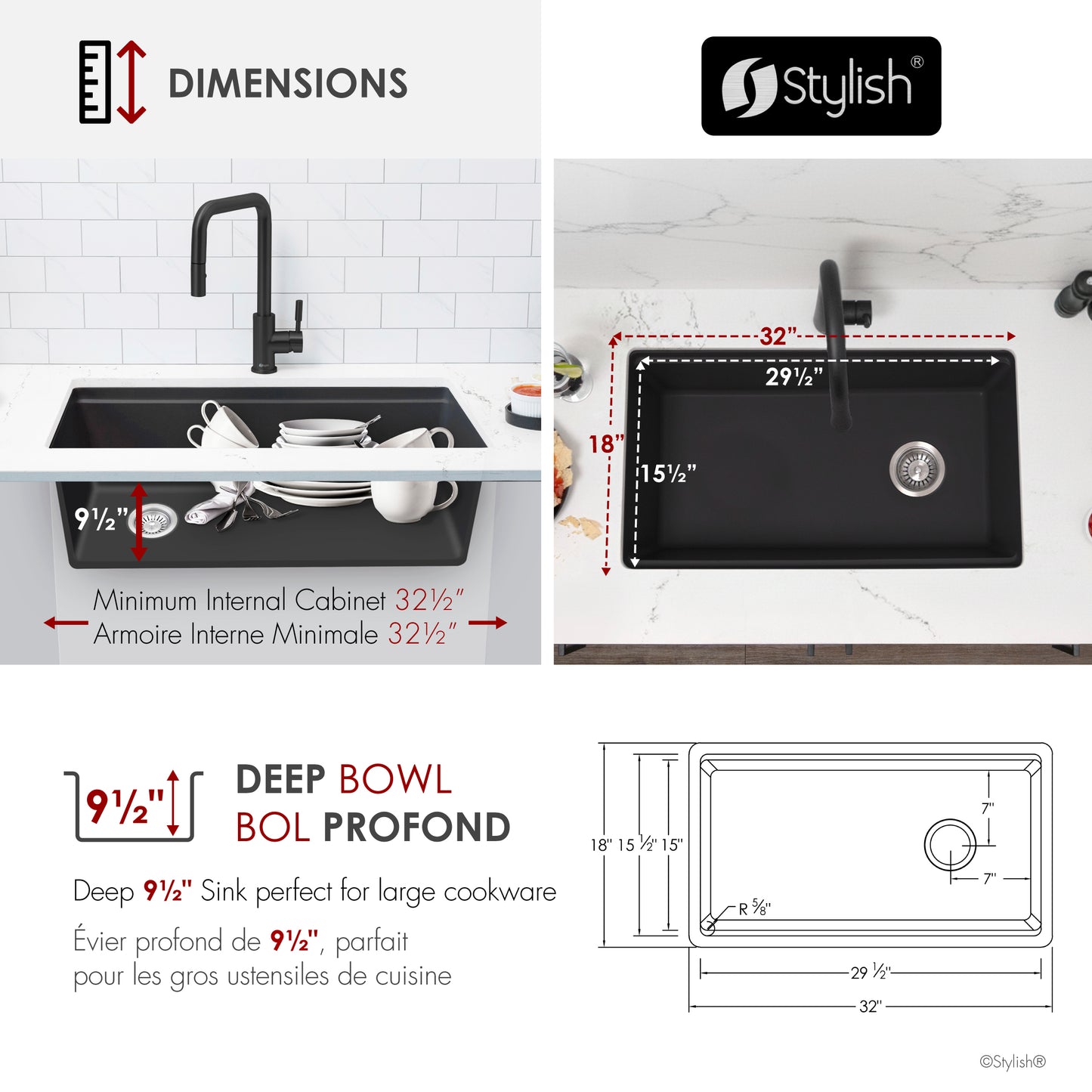 Stylish 32" Composite Granite Workstation Kitchen Sink