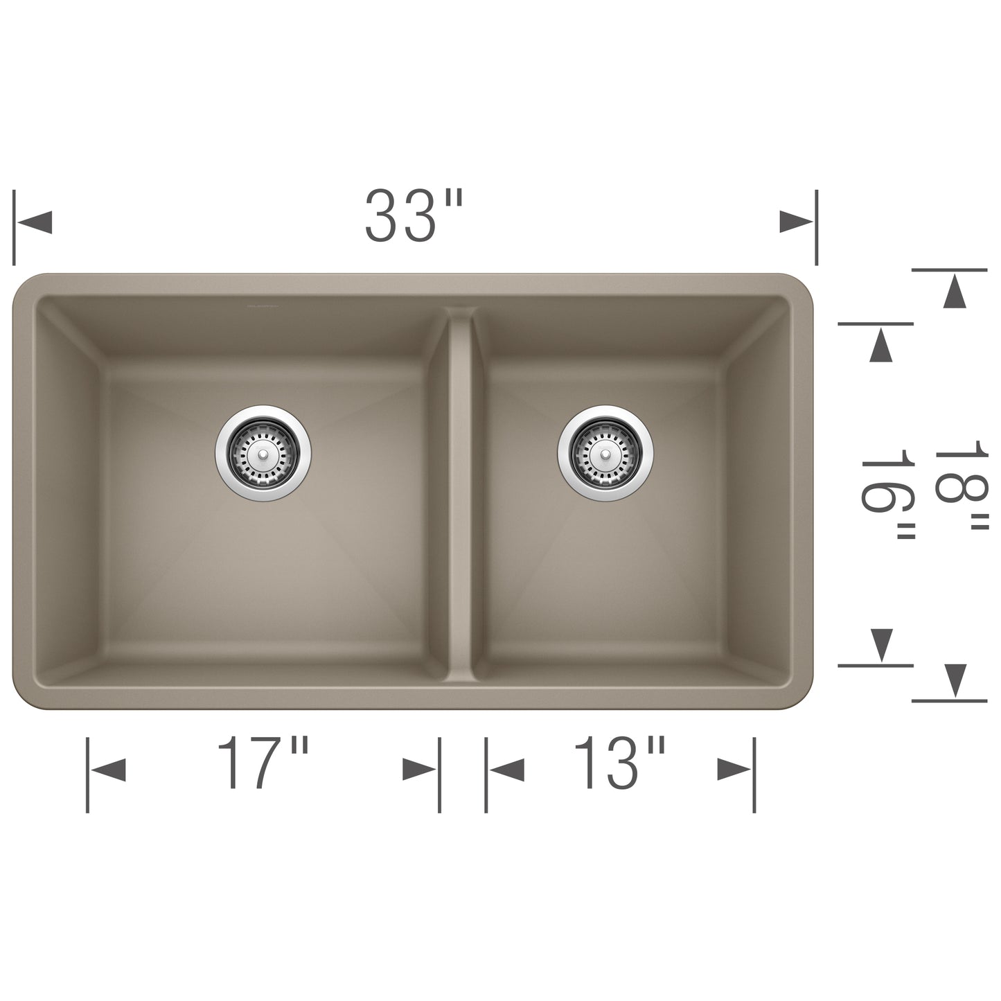 BLANCO Precis SILGRANIT 33" 60/40 Double Bowl Undermount Kitchen Sink showing dimensions and design details.
