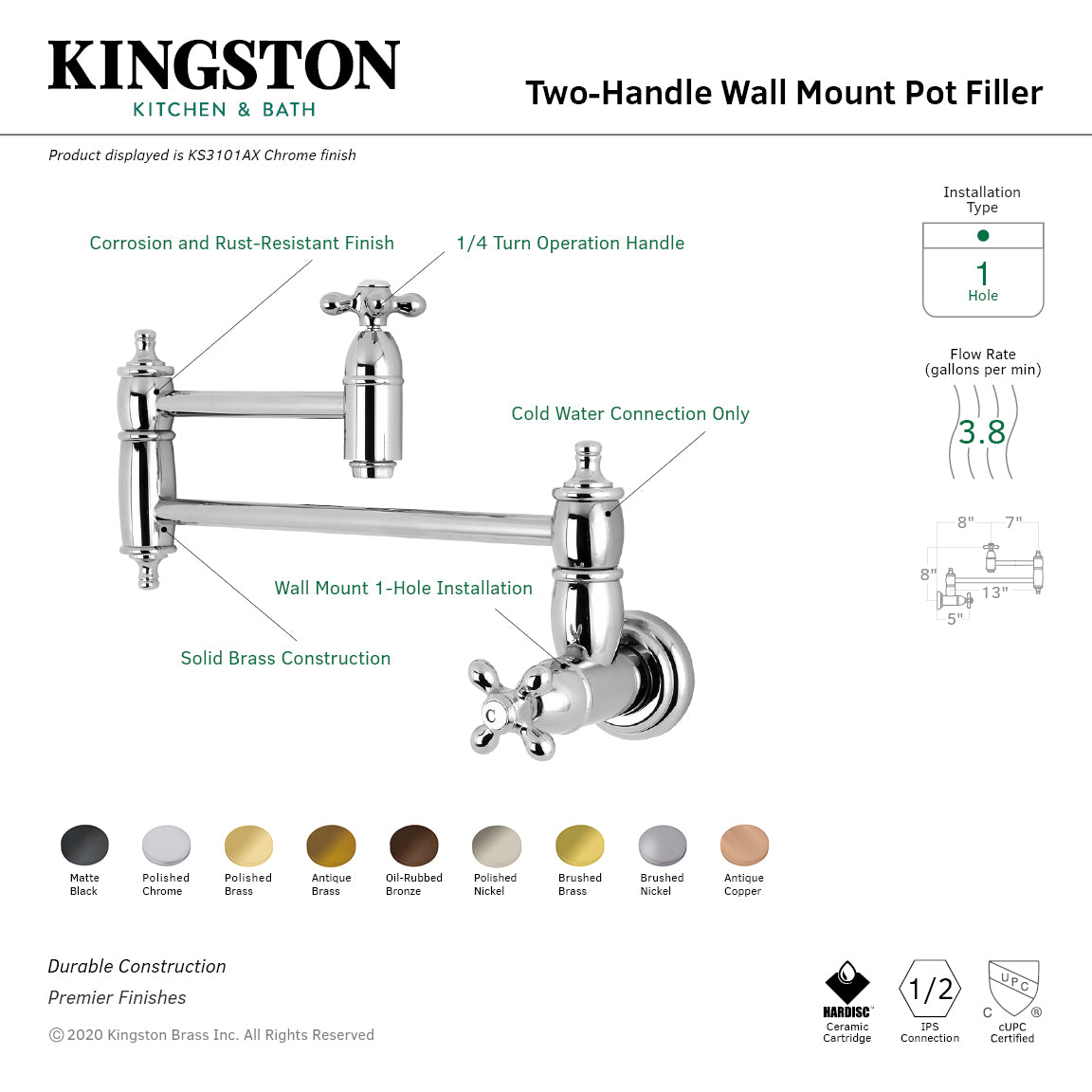 Kingston Brass KS3103AX Restoration Wall Mount Pot Filler Faucet, Antique Brass with two handles and a chrome finish.