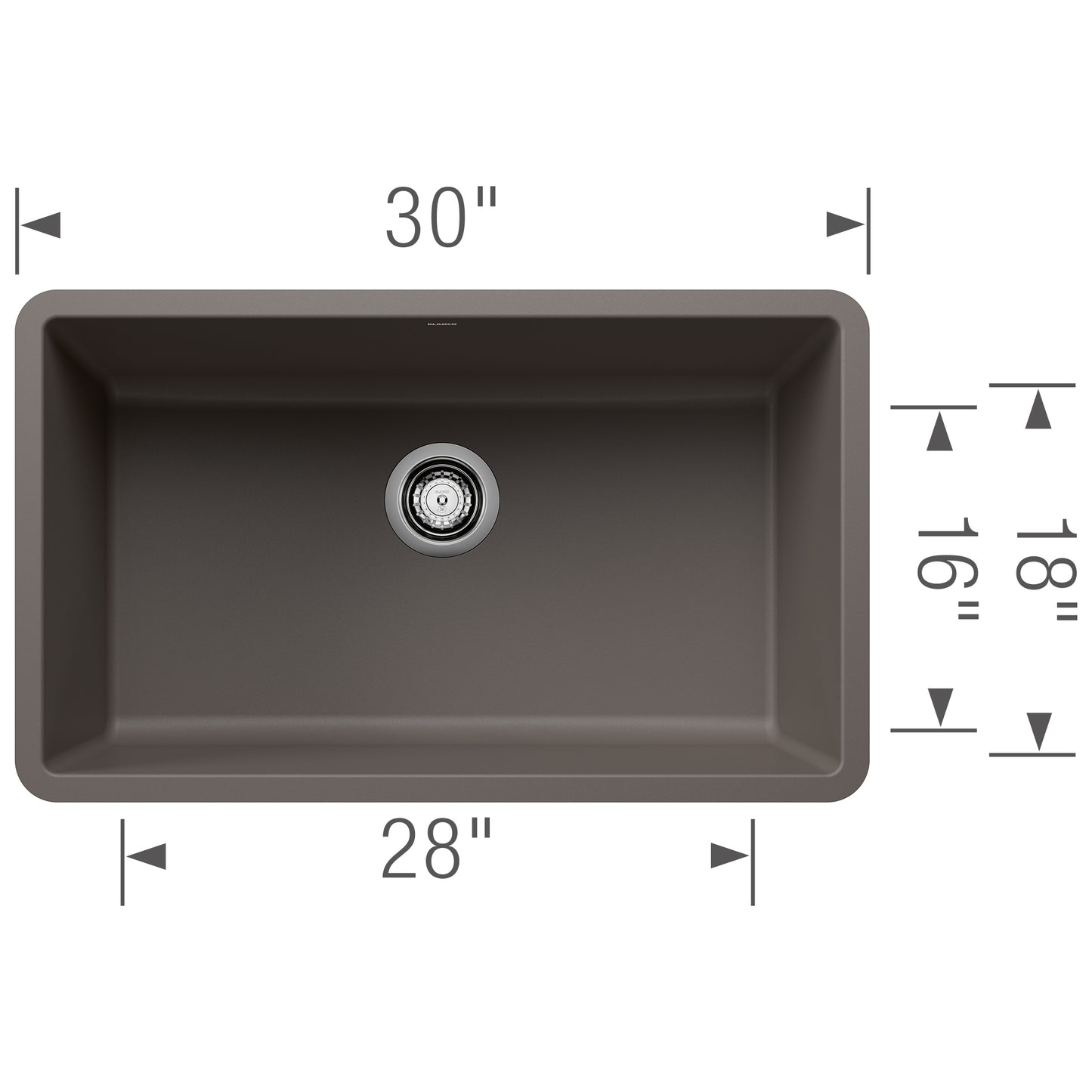 Top view of BLANCO Precis SILGRANIT 30" Single Bowl Undermount Kitchen Sink showing dimensions and interior design.