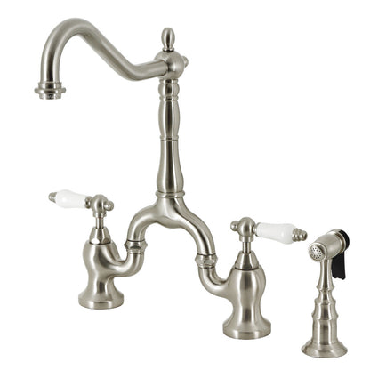 Kingston KS7753PLBS English Country Bridge Kitchen Faucet with Brass Sprayer, Antique Brass in brushed nickel finish
