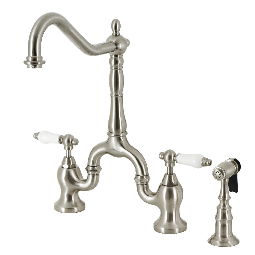 Kingston KS7753PLBS English Country Bridge Kitchen Faucet with Brass Sprayer, Antique Brass in brushed nickel finish