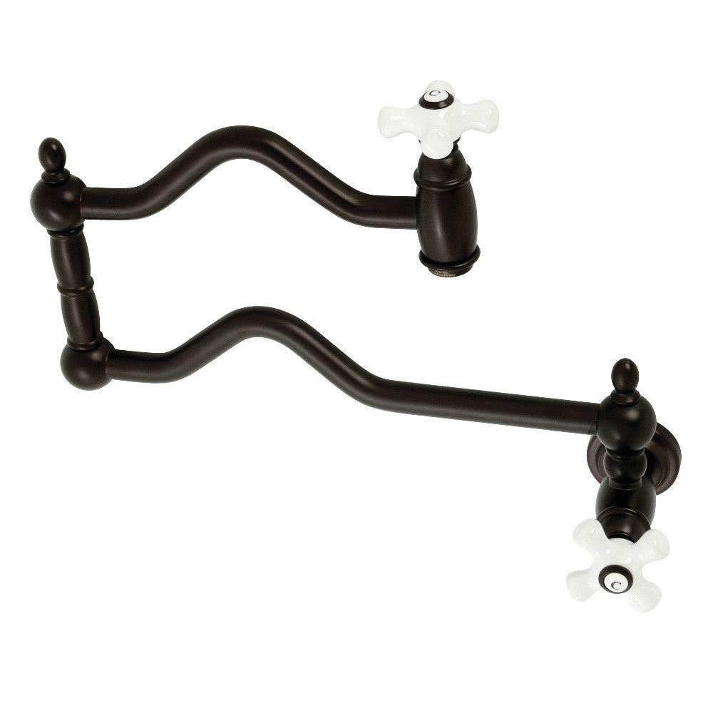 Kingston Brass KS2107PX Heritage Wall Mount Pot Filler Faucet, Brushed Brass in Oil Rubbed Bronze finish with vintage-style handles.
