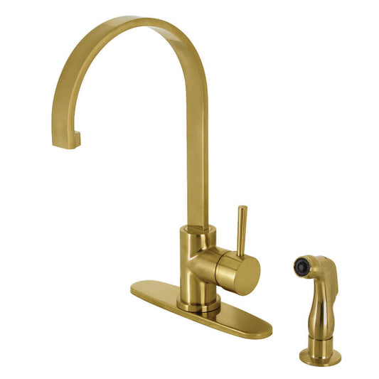 Kingston Brass LS8713DLSP Concord Kitchen Faucet with Side Sprayer showcasing high-arc gooseneck design and sleek styling.