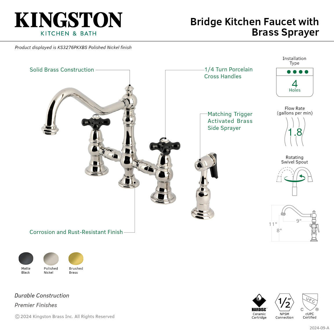 Kingston KS3277PKXBS Duchess Bridge Kitchen Faucet with Brass Sprayer, Brushed Brass