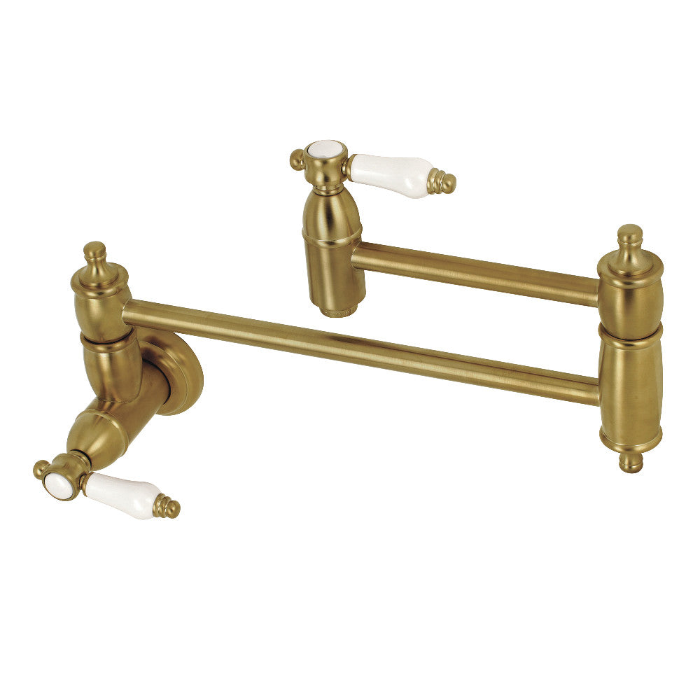 Kingston Brass KS3103BPL Bel-Air Wall Mount Pot Filler Faucet, Antique Brass with white porcelain levers
