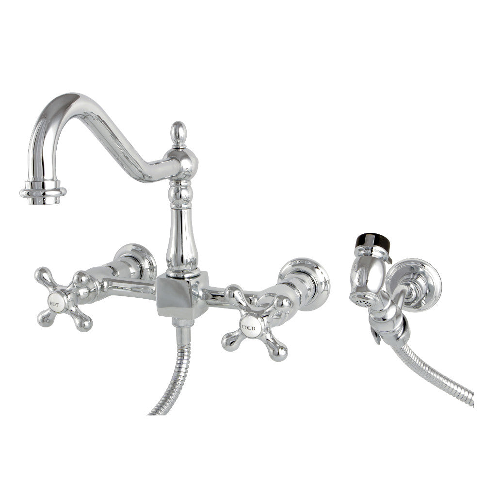 Kingston KS1243AXBS Heritage Two-Handle Wall Mount Bridge Kitchen Faucet with Brass Sprayer, Antique Brass