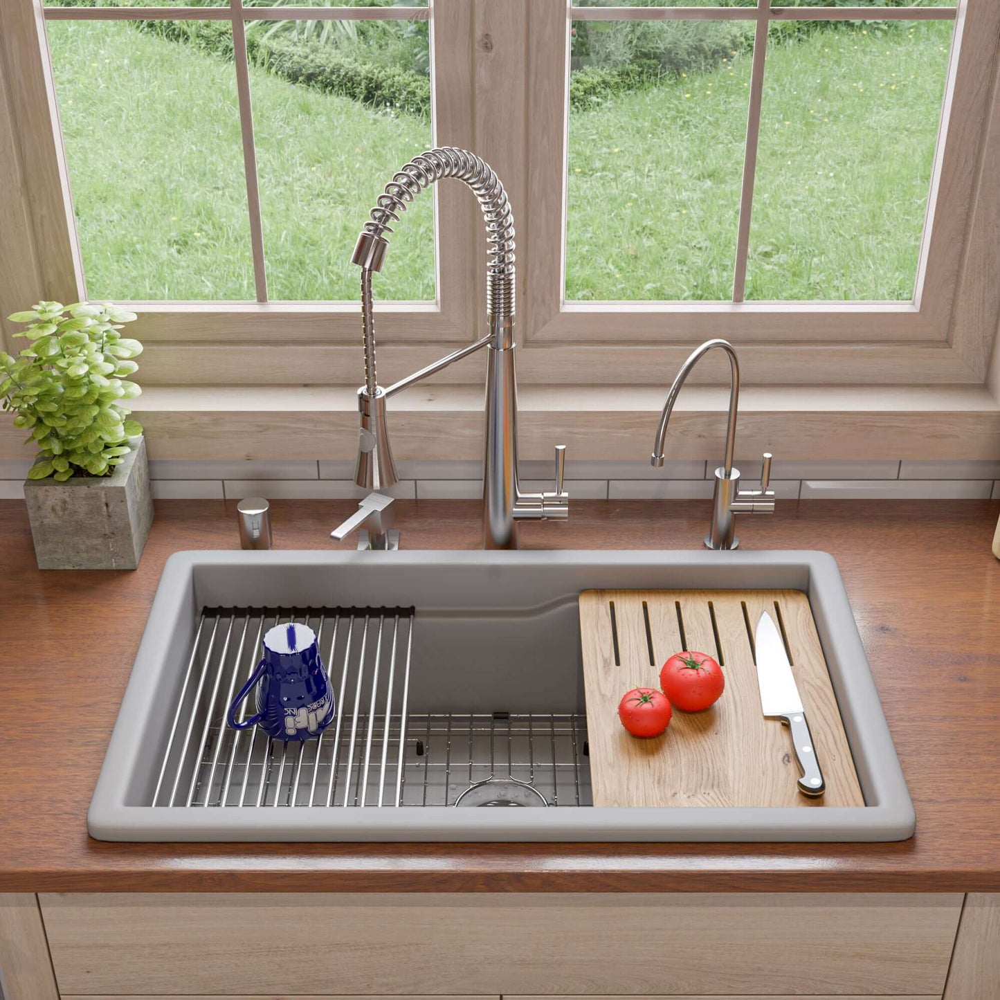 Alfi 32" Dual Mount Fireclay Workstation Kitchen Sink - ABFS3219SUD with bamboo cutting board and stainless steel grid.