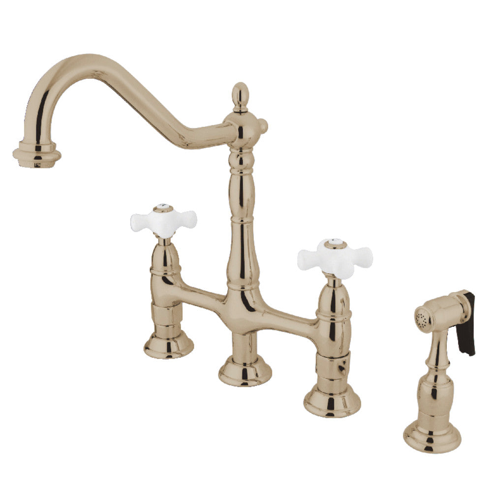 Kingston Brass Heritage Bridge Kitchen Faucet with Brass Sprayer and Cross Handles in polished nickel finish.