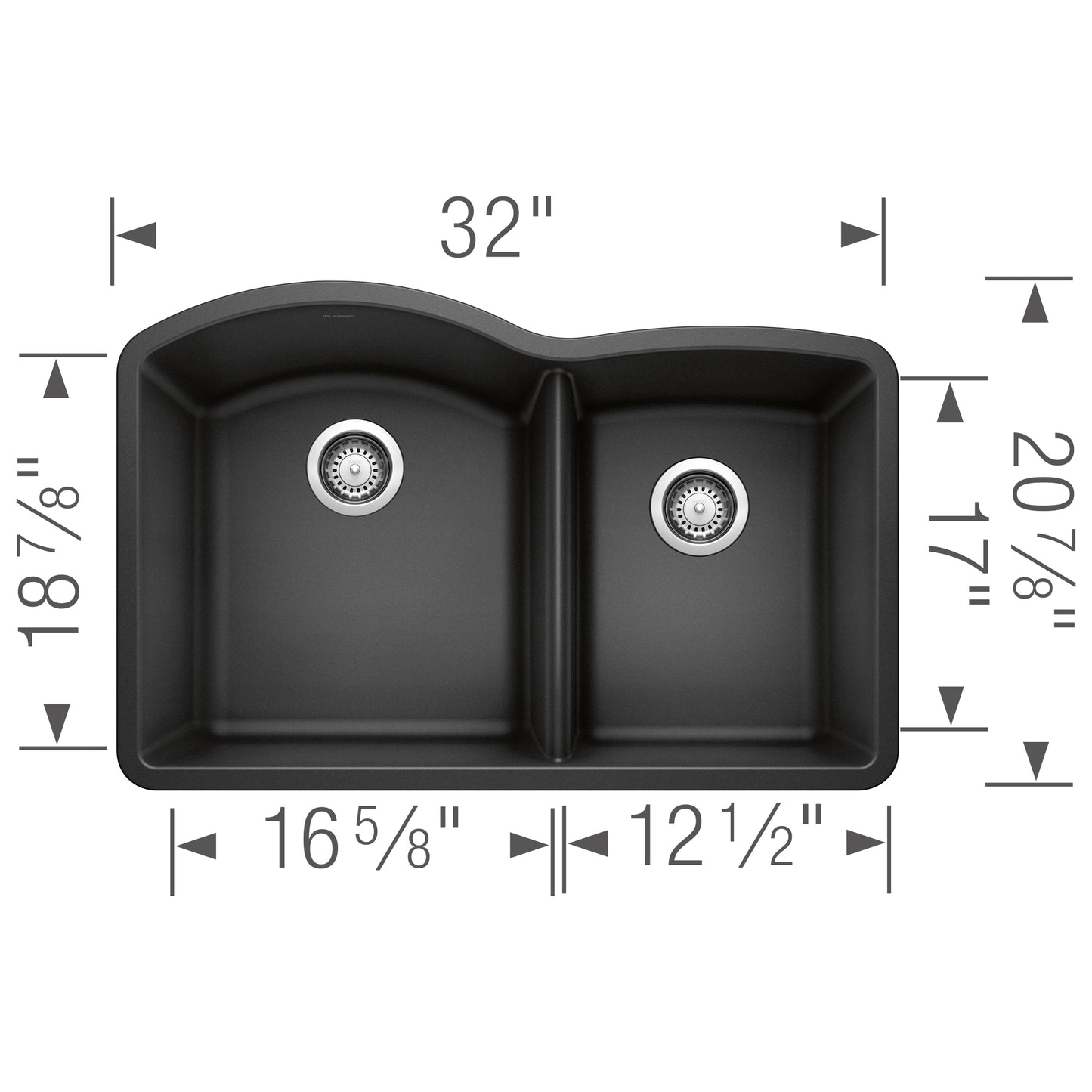 BLANCO Diamond SILGRANIT 32" 60/40 Double Bowl Undermount Kitchen Sink dimensions and design view.