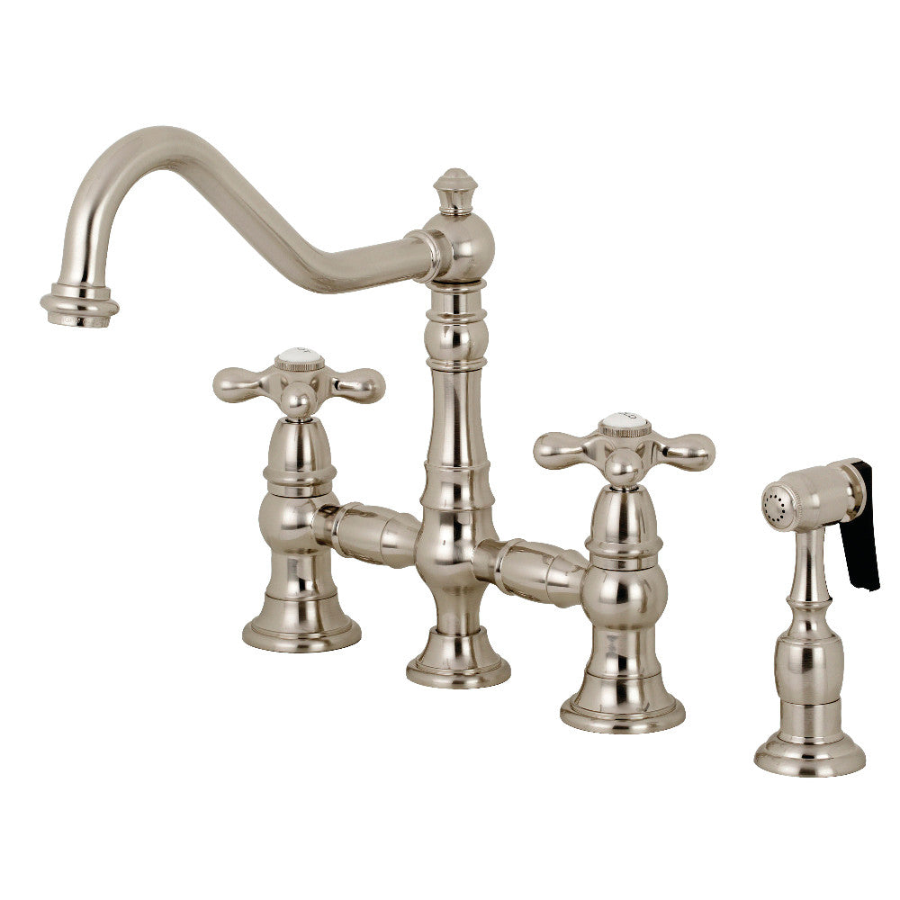 Kingston KS3277AXBS Restoration Bridge Kitchen Faucet with Brass Sprayer, Brushed Brass