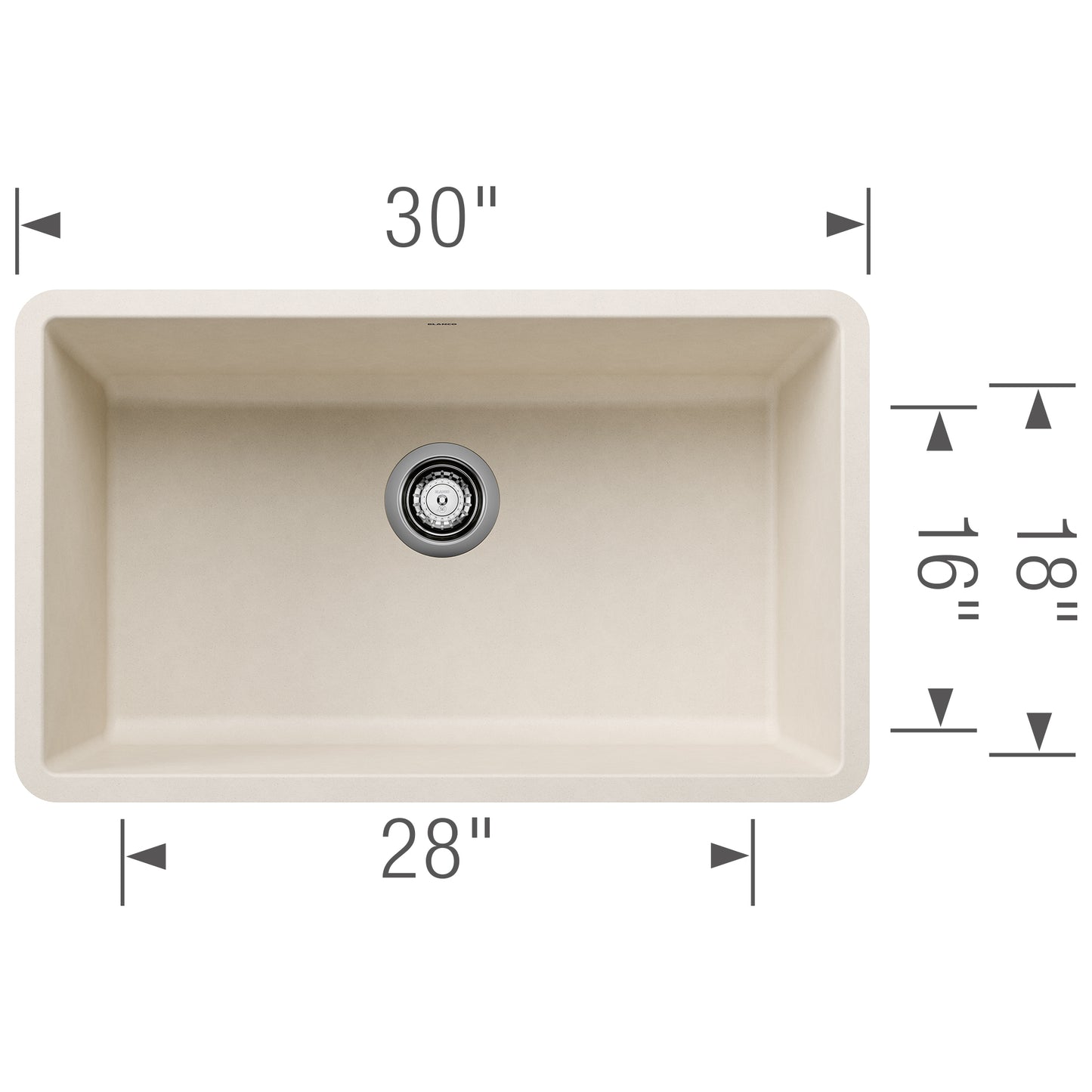BLANCO Precis SILGRANIT 30" Single Bowl Undermount Kitchen Sink dimensions diagram showing 30" x 28" size.
