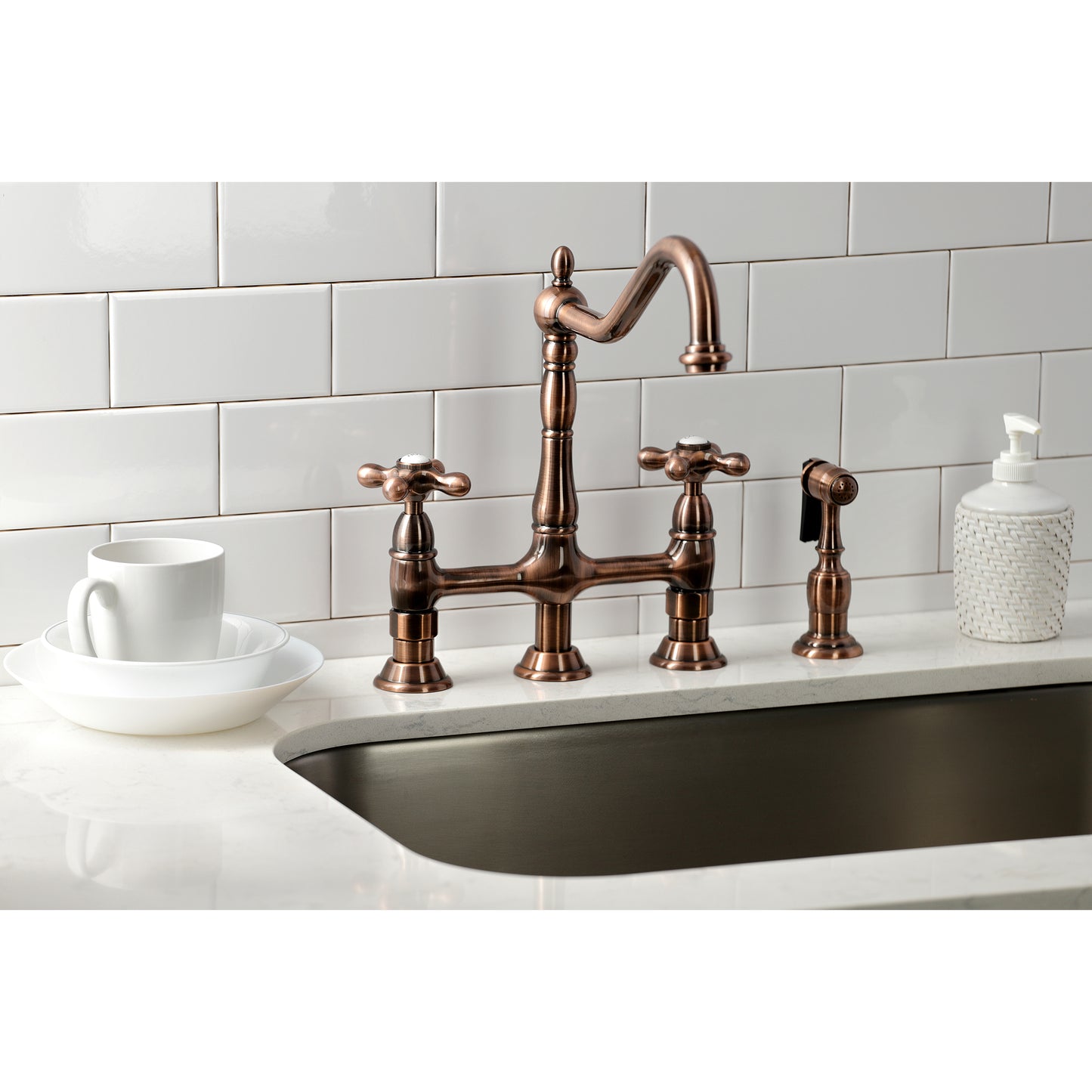 Kingston KS1273AXBS Heritage Bridge Kitchen Faucet with Brass Sprayer, Antique Brass