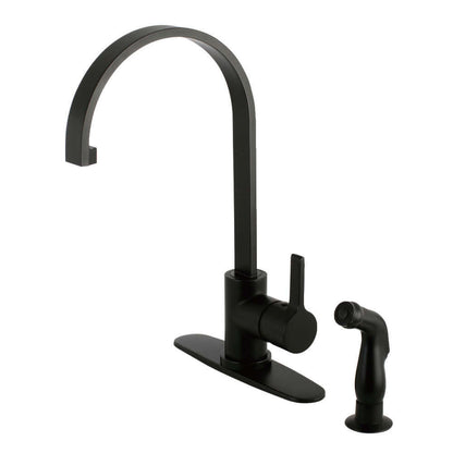 Kingston Brass LS8713CTLSP Continental Kitchen Faucet with Side Sprayer, matte black finish, right side view, modern curved spout design.
