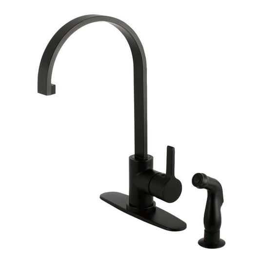 Kingston Brass LS8713CTLSP Continental Kitchen Faucet with Side Sprayer, matte black finish, right side view, modern curved spout design.