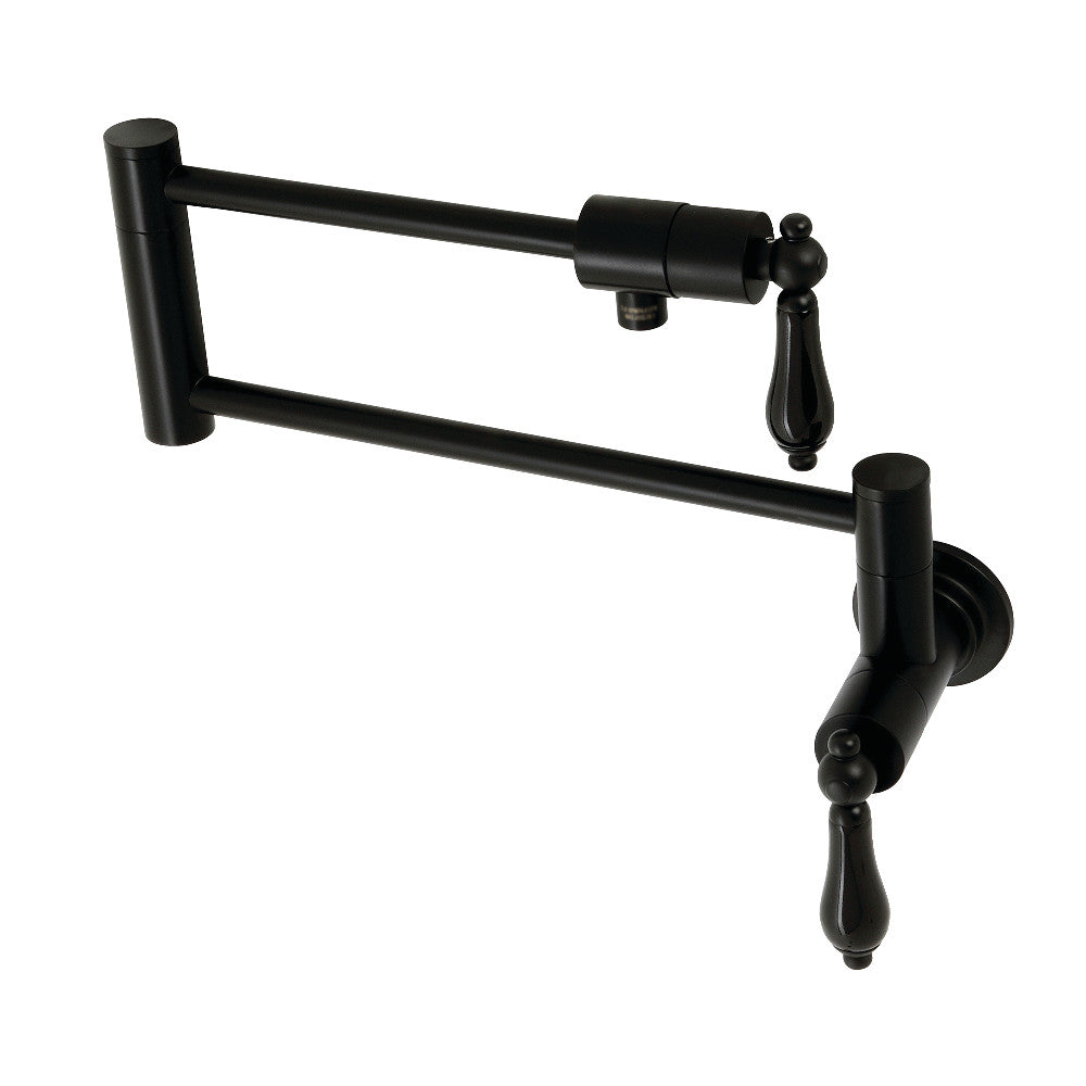 Kingston Brass KS4107PKL Duchess Wall Mount Pot Filler Faucet, Brushed Brass with black porcelain handles.