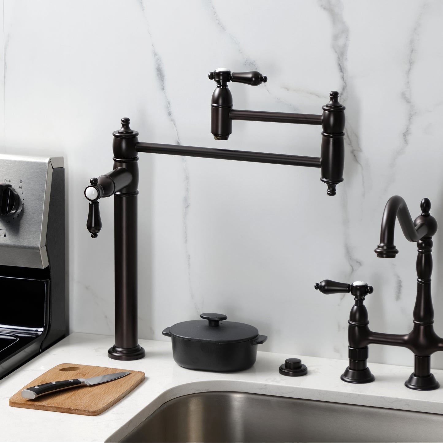 Kingston Brass KS3703BAL Heirloom Deck Mount Pot Filler Faucet, Antique Brass in a kitchen setting with cooktop and pot